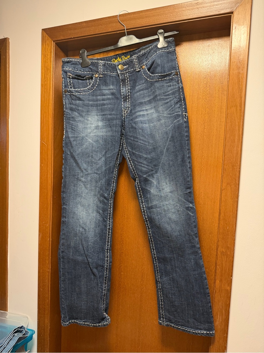 Wrangler Rock 47 Denim Jeans - Brown Leather Patch with Blue Wash